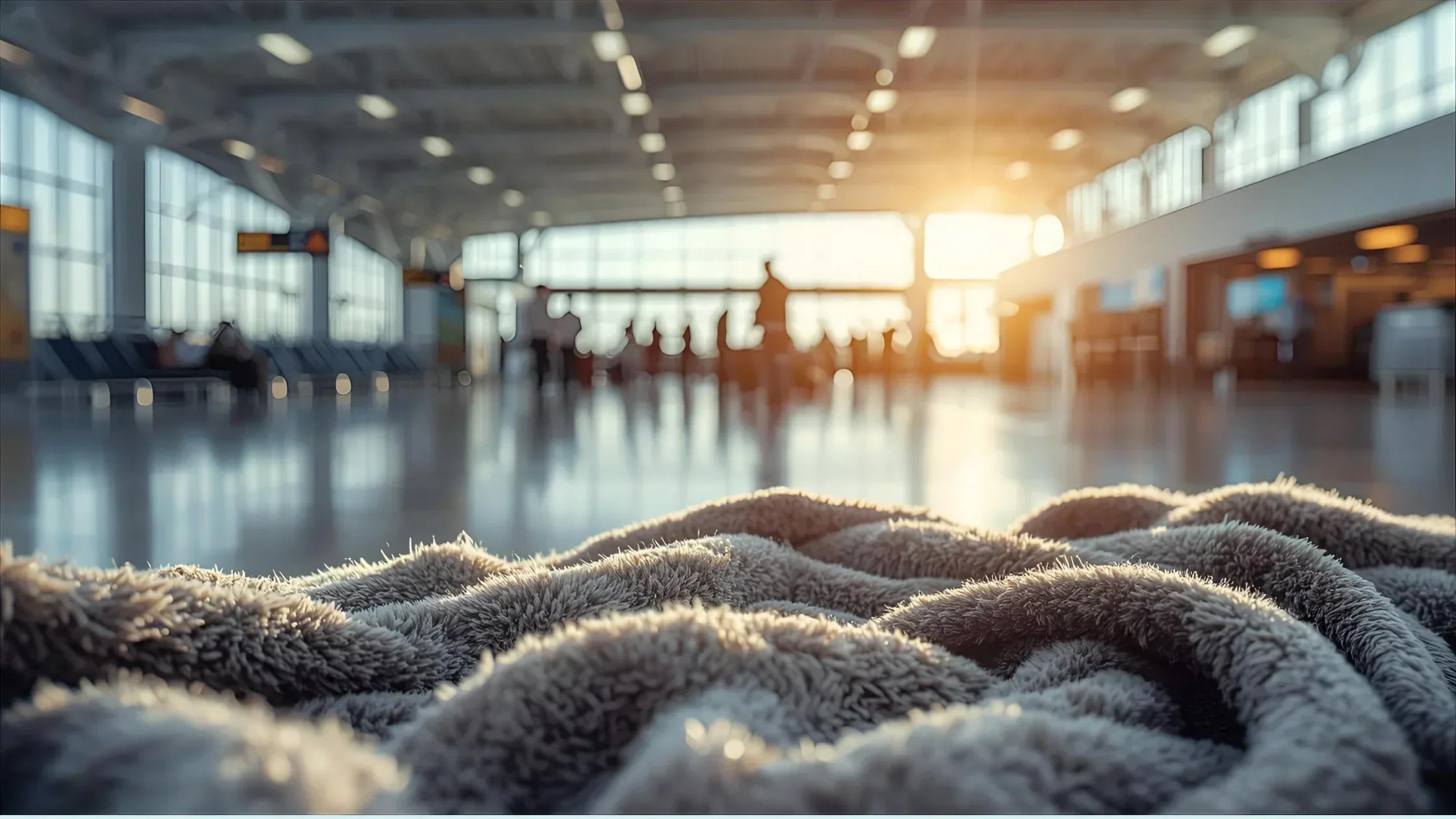 Photo taken from the perspective of a person sitting on the floor in an airport waiting hall with a cuddly blanket