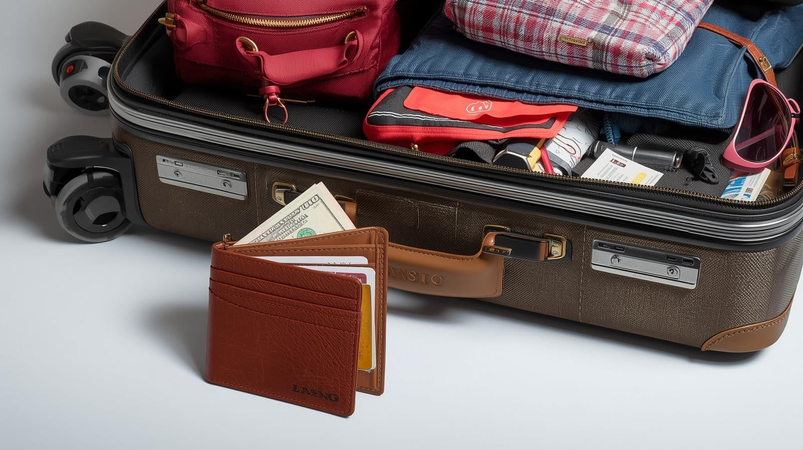 Packed suitcase with a wallet having some dollar bills sticking out of it
