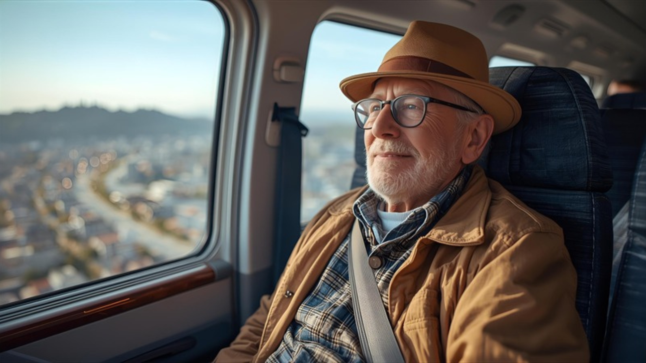 Older man sitting in a car with a view over the city