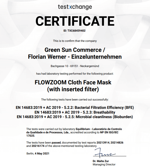 FLOWZOOM FACE MASK CERTIFICATE