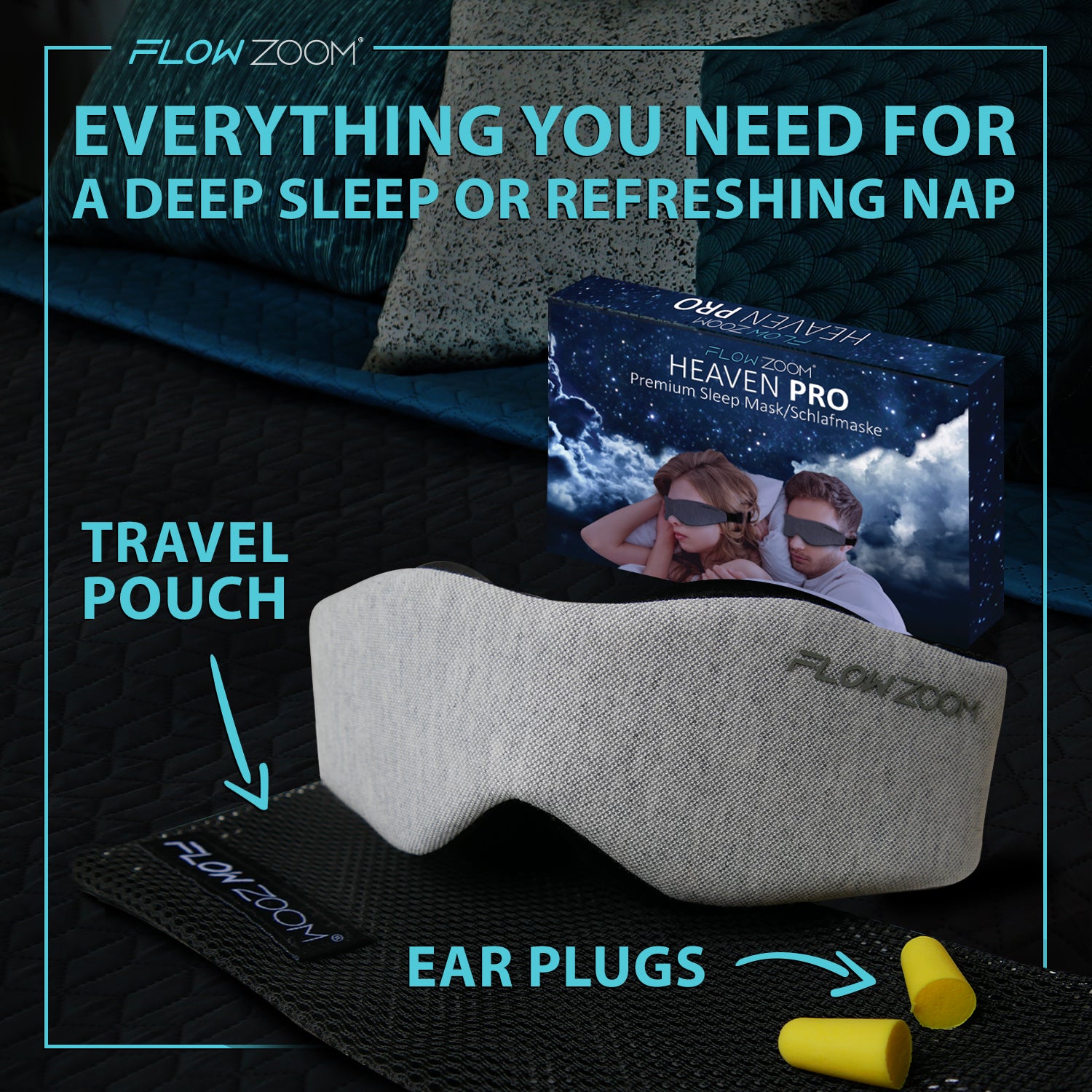 Sleep mask for side sleepers and travel pouch included.